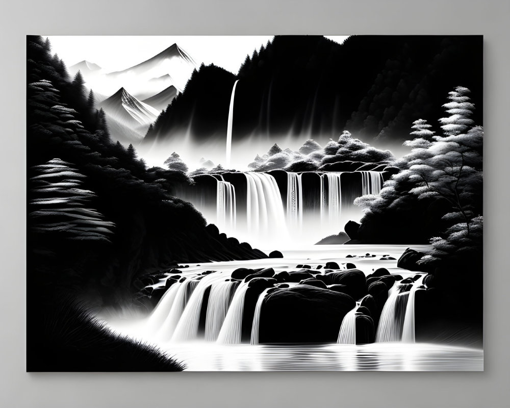 Monochromatic art: Serene landscape with waterfalls, rivers, hills, mountains