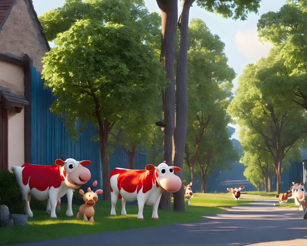 Cartoon cows and puppies in sunny suburban scene