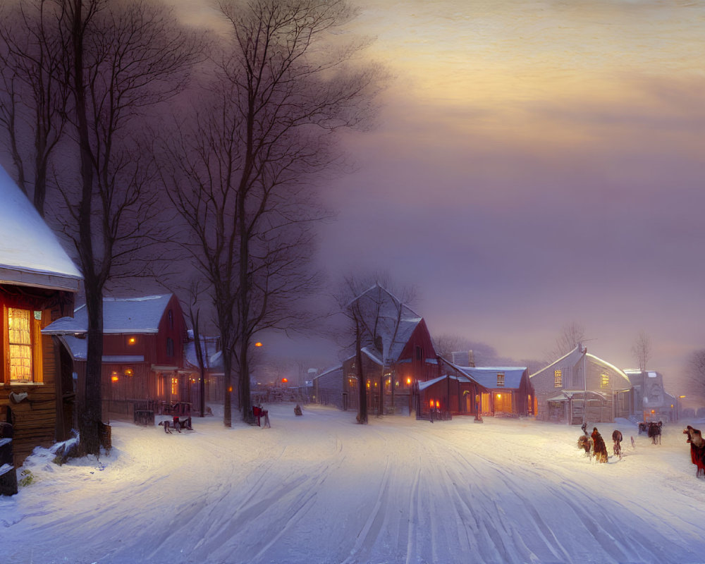 Snowy Twilight Scene: Traditional Houses, Glowing Lights, Sled Activity