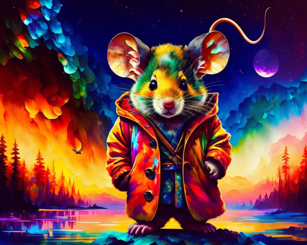 Colorful Jacketed Mouse in Surreal Landscape with Northern Lights