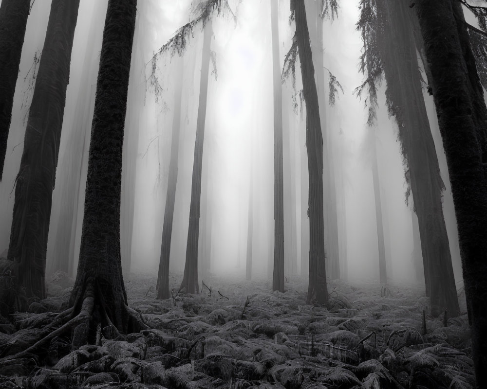 Foggy forest scene with tall trees and fern-covered ground
