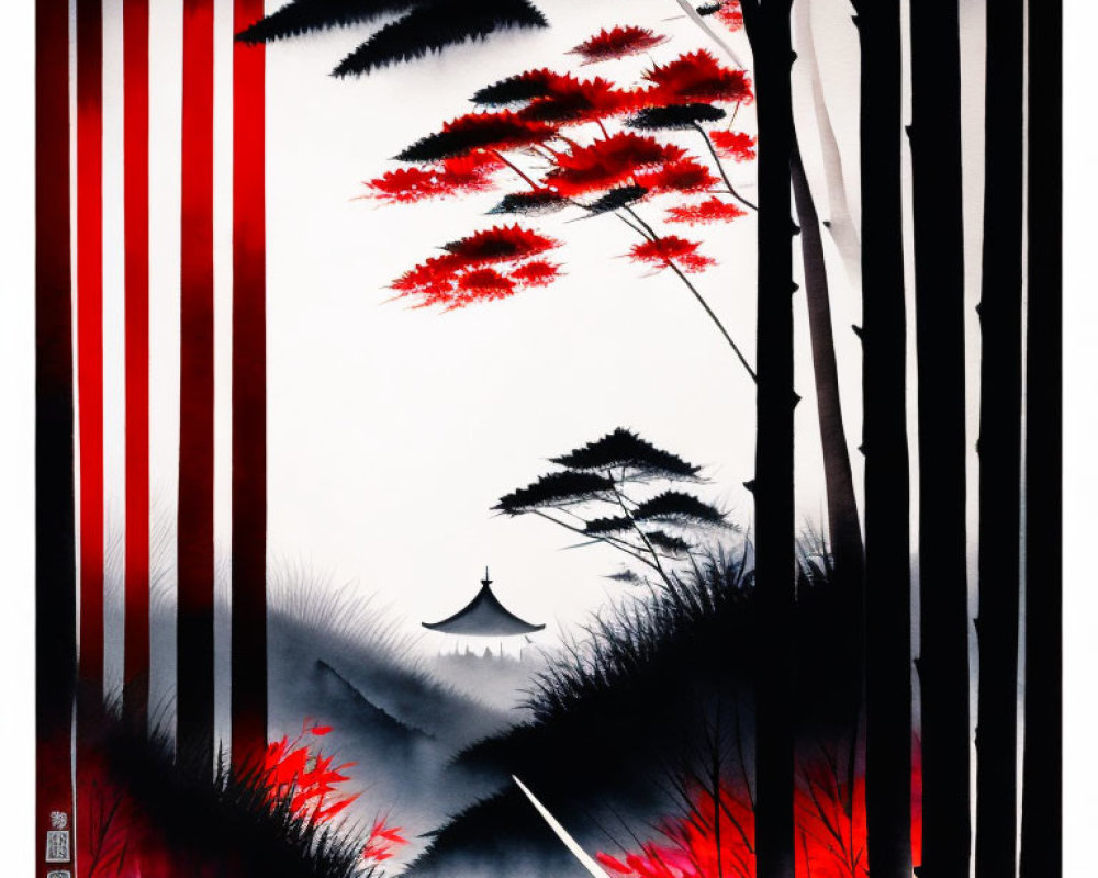 Ink painting of red and black bamboo with red leaves on misty white backdrop
