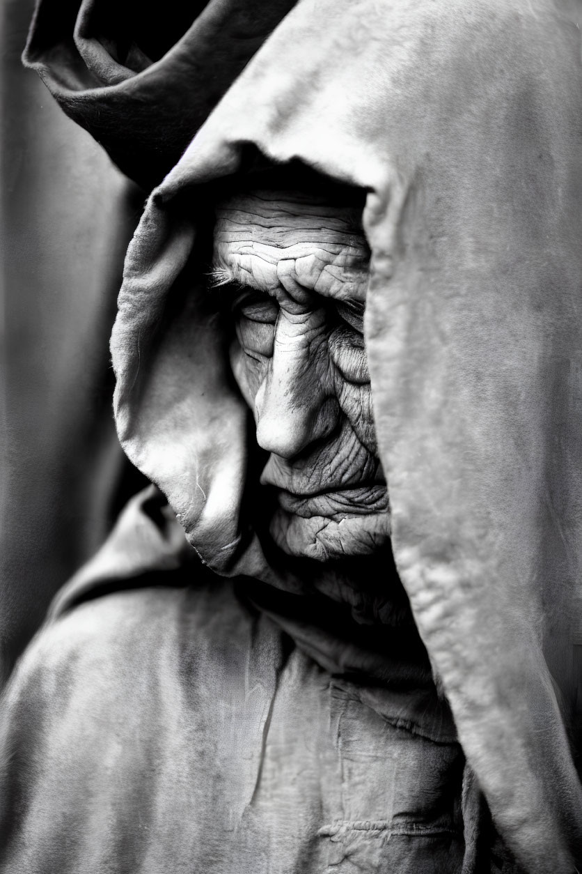Monochrome portrait of elderly person in hooded cloak, emanating wisdom.