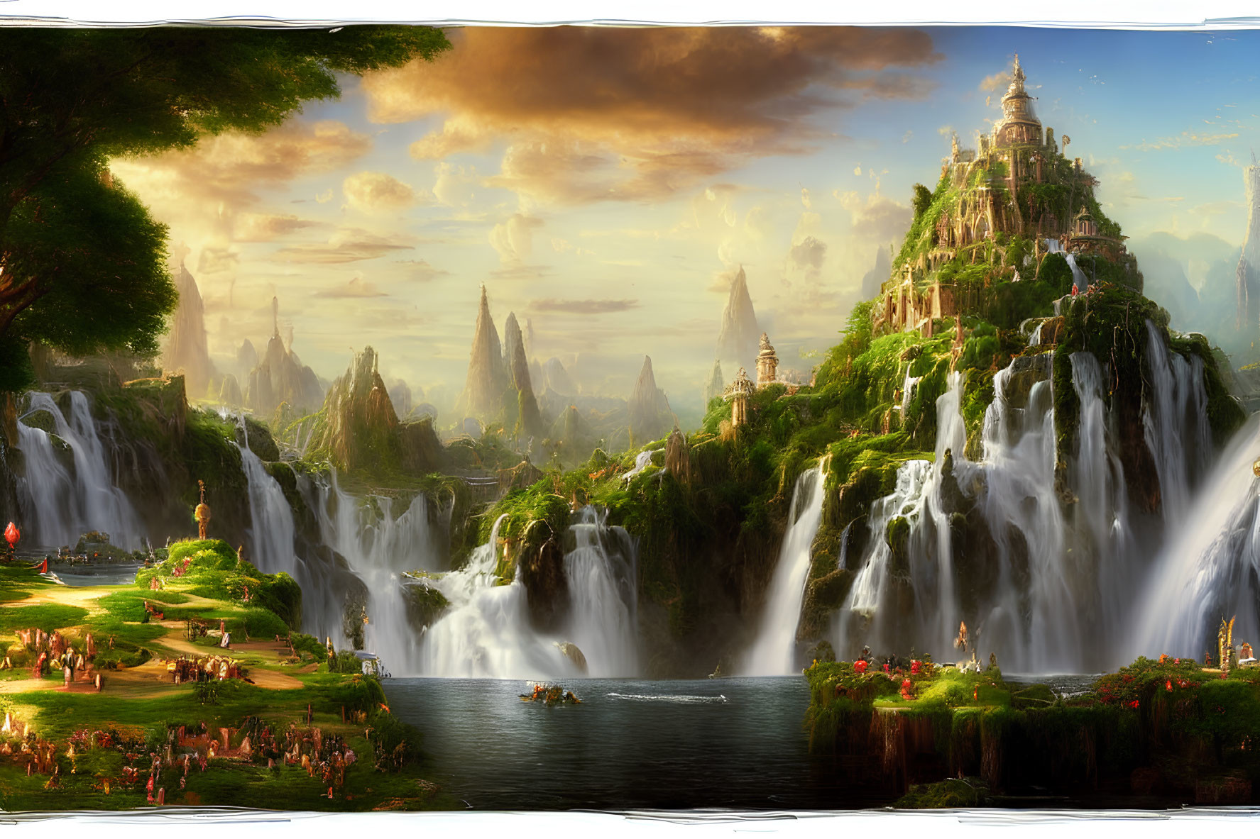 Majestic waterfall, castle, cliffs in fantasy landscape