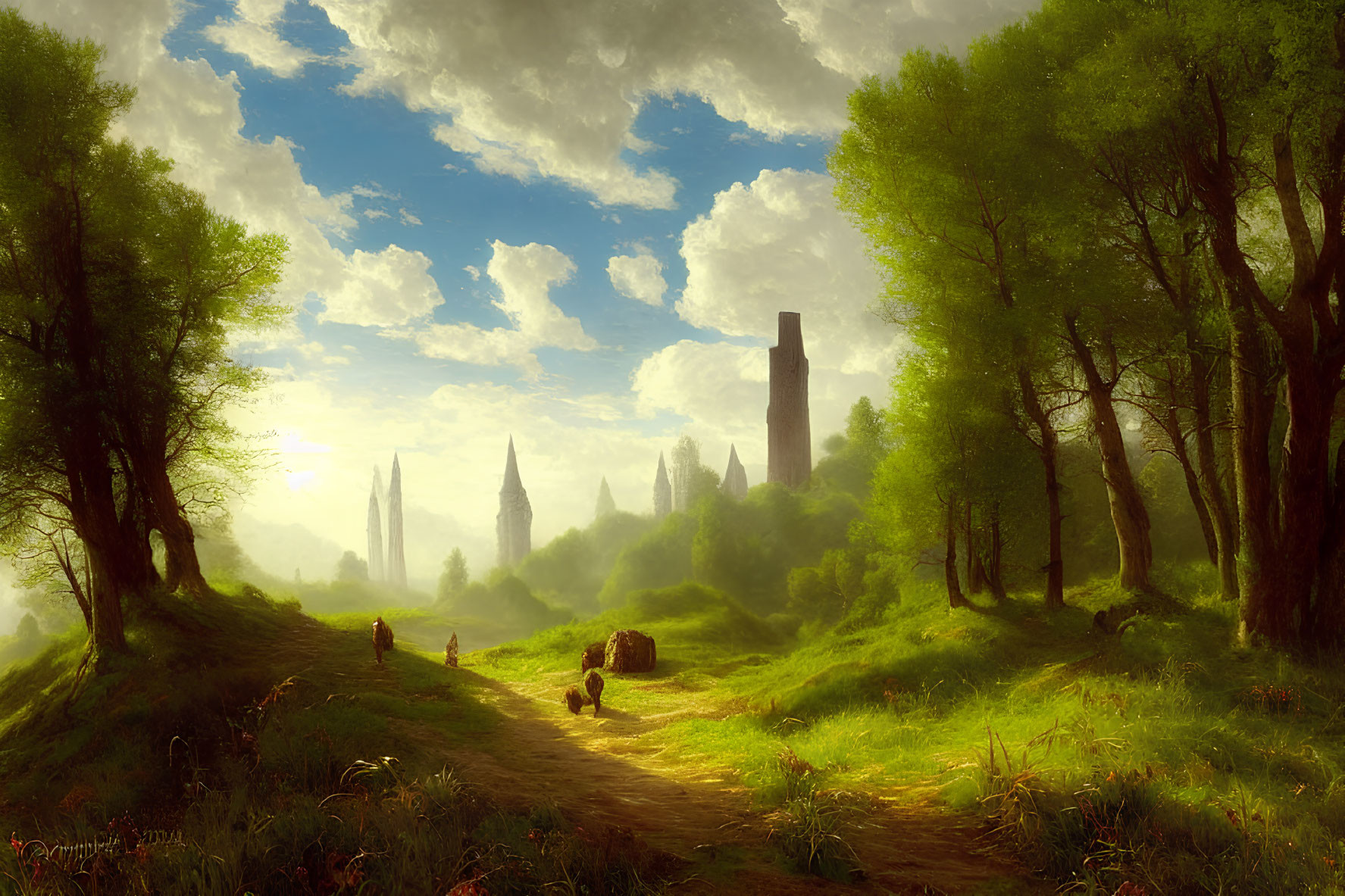 Sunlit Path Through Fantasy Landscape with Castles and Trees
