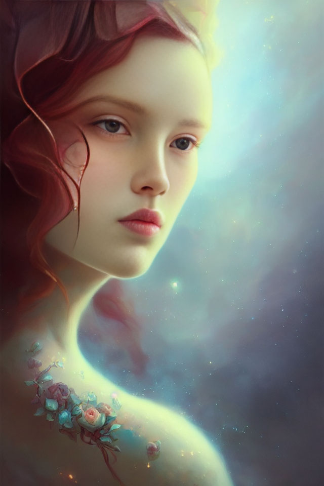 Digital artwork: Young woman with floral shoulder, celestial background