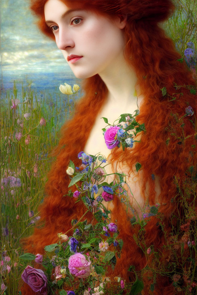Red-haired woman surrounded by roses in a pre-Raphaelite style portrait.