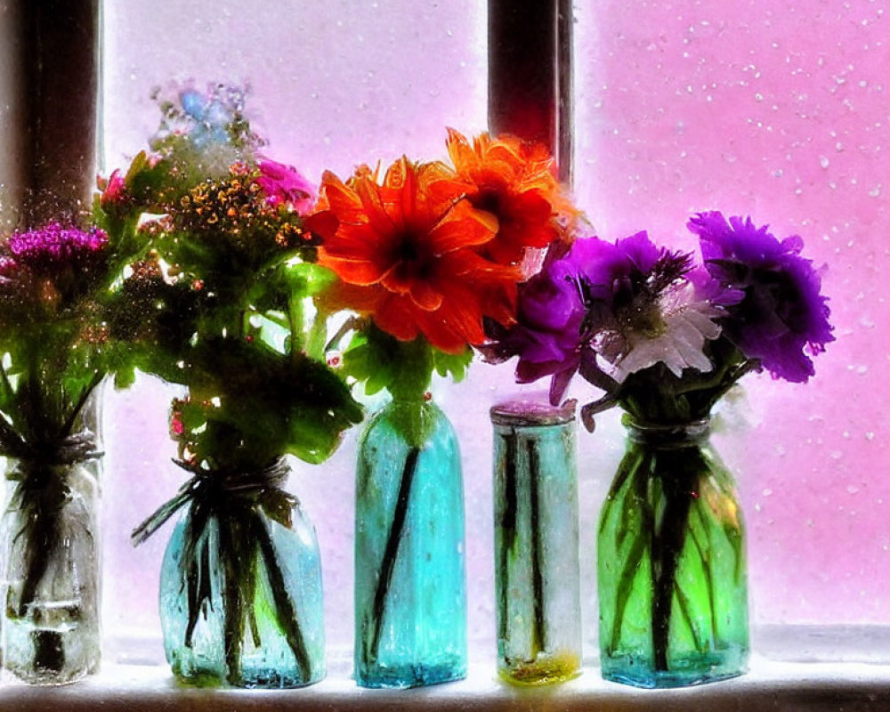 Vibrant flowers in glass vases on windowsill with warm light and pink background