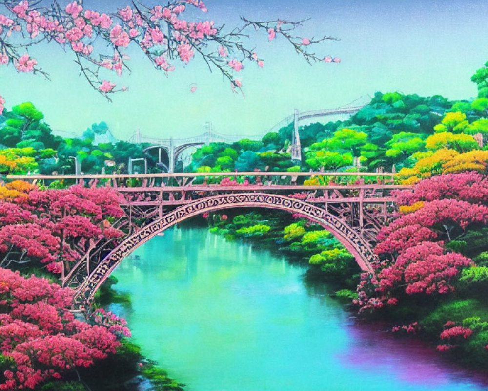 Serene river painting with red bridge, lush greenery, cherry blossoms