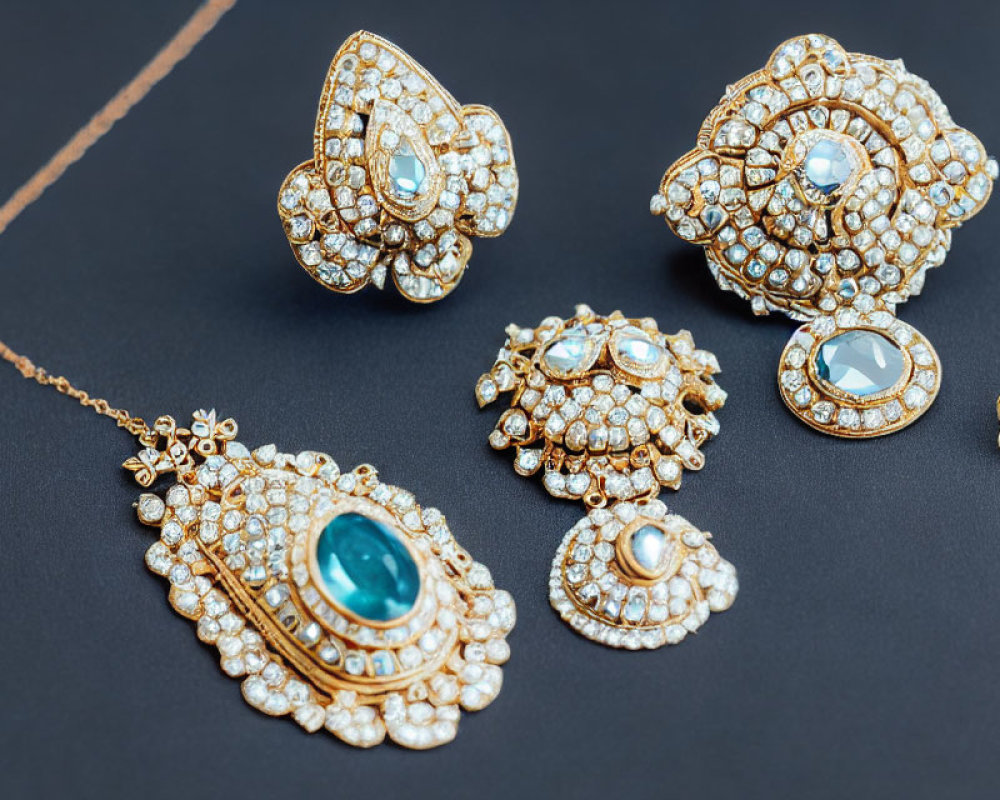 Luxurious Gold Jewelry Set with Turquoise Stones and Diamonds on Black Background
