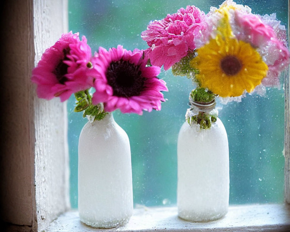 White vases with pink and yellow flowers on dusty windowsill with soft light through grimy window pane