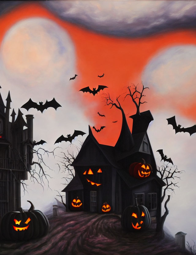 Haunted house, jack-o'-lanterns, bats, and eerie moon in Halloween scene