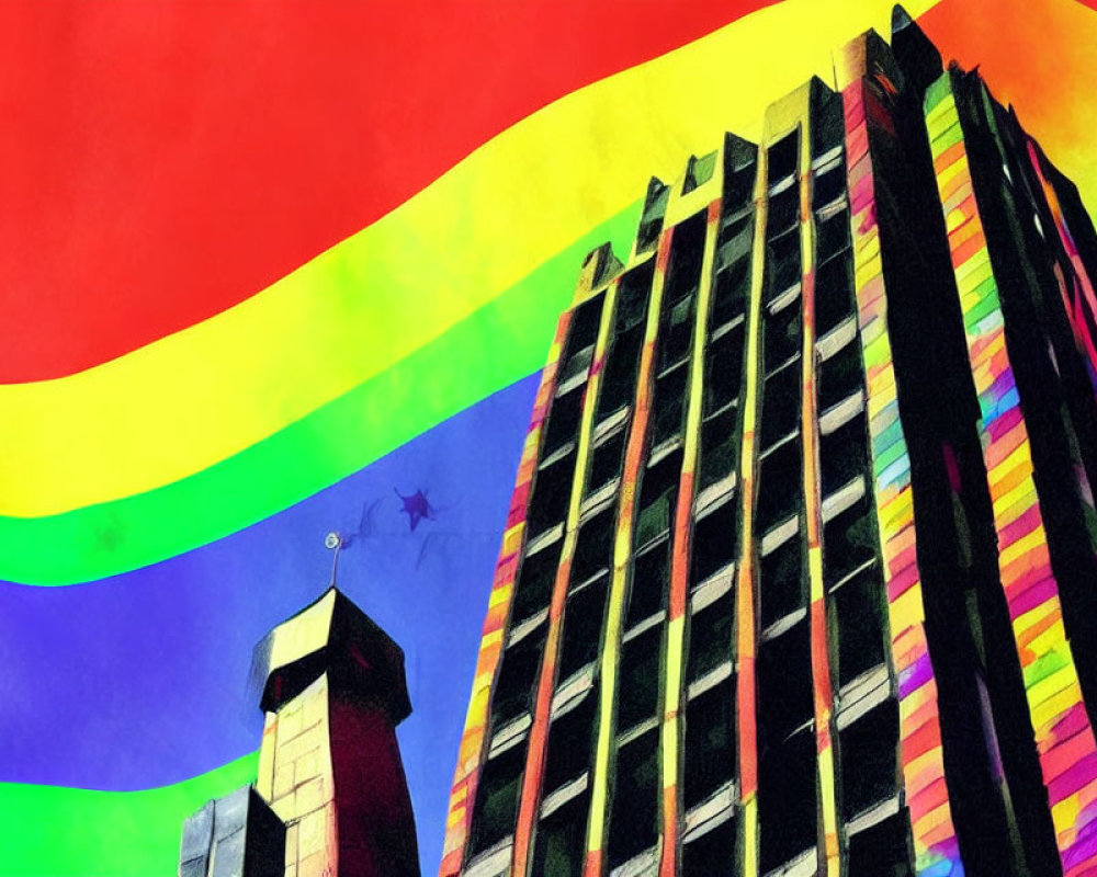 Colorful skyscraper illustration with rainbow backdrop and psychedelic art style
