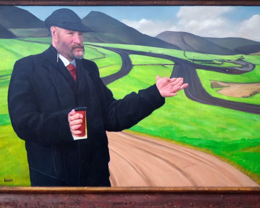 Man in black coat and hat with cup gesturing in front of painting of winding road and green hills