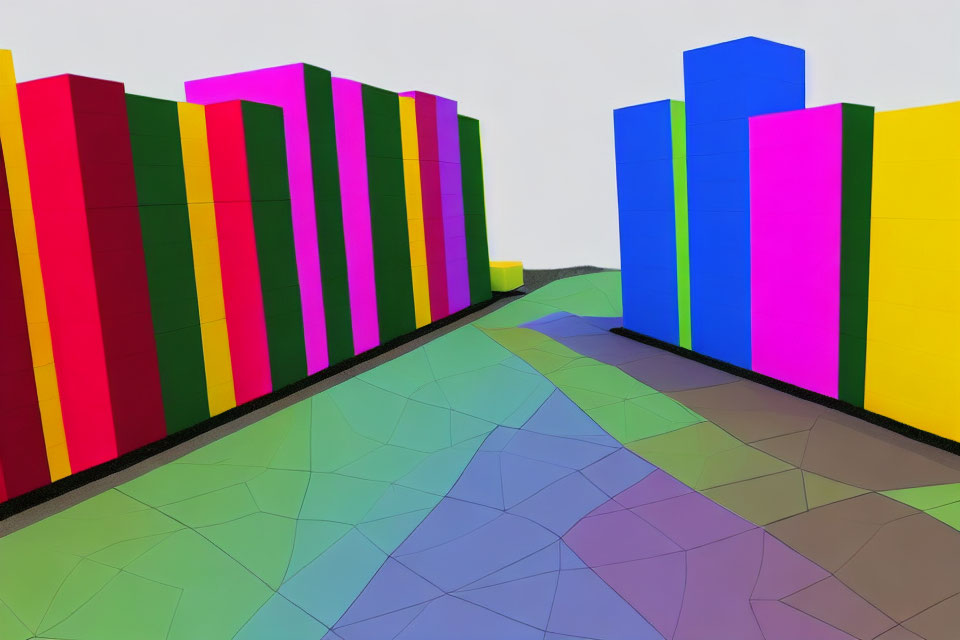 Colorful Digital Art Installation with Bright Columns on Geometric Floor