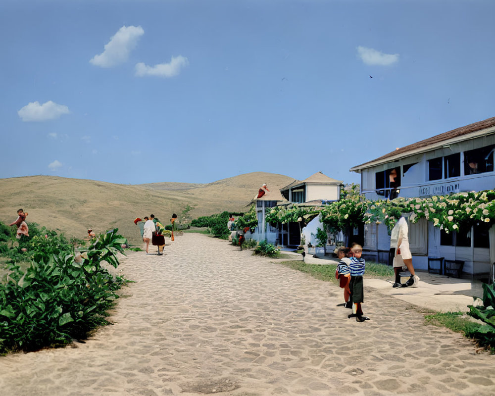 Rural Path on Sunny Day with People Walking near Single-Story Buildings