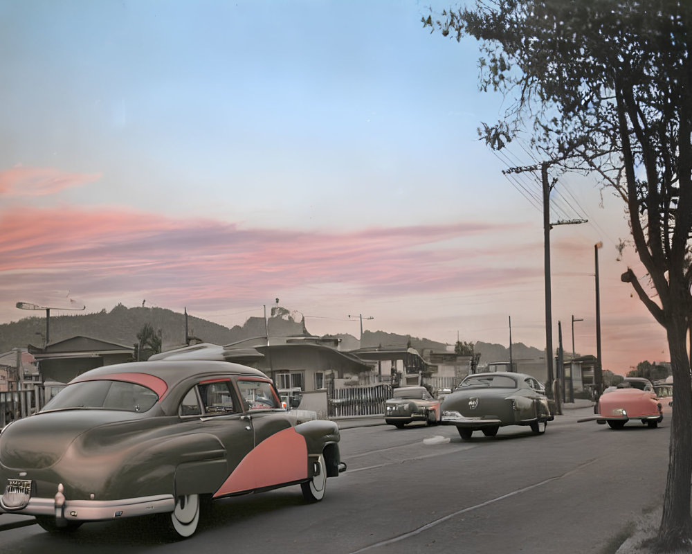 Classic Cars in Dusk Setting with Pink Sky and Suburban Houses