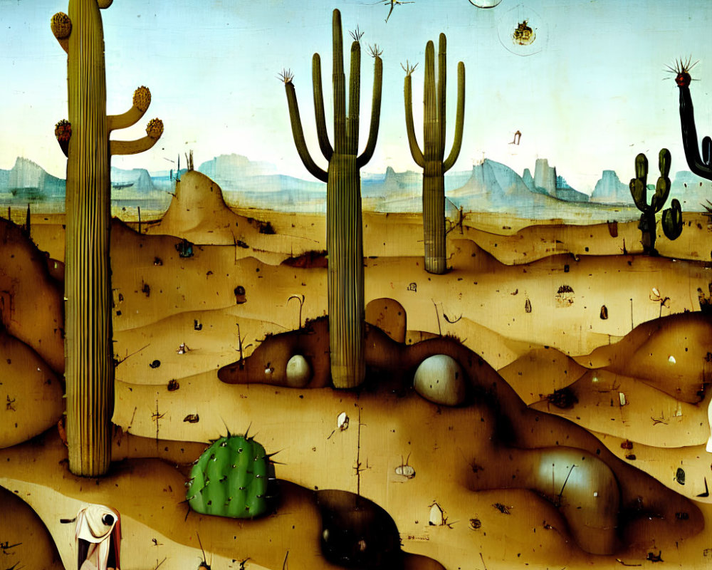 Surreal desert landscape with anthropomorphic cacti and whimsical creatures