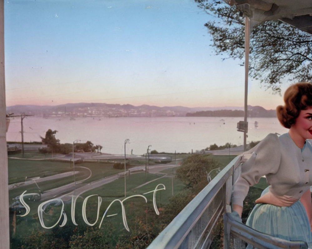 Vintage photo: Woman on balcony at lakeside park at sunset