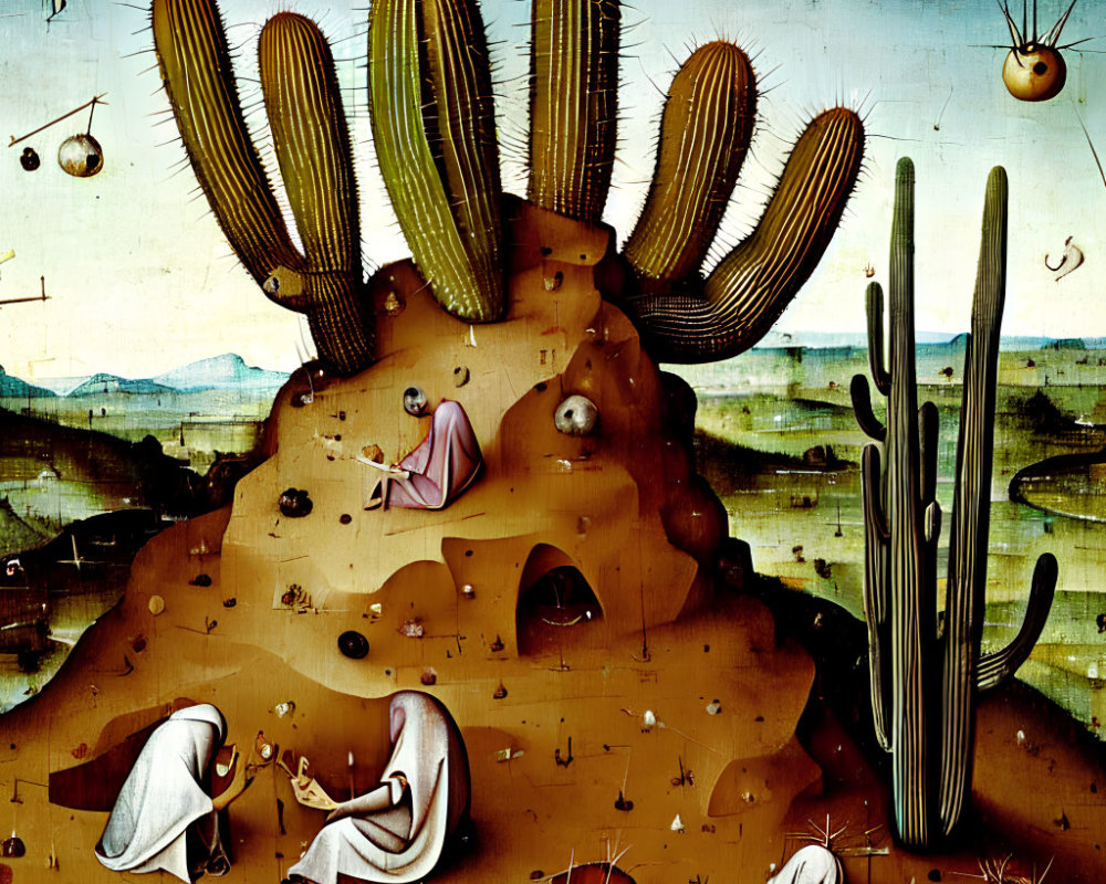 Surrealist desert scene with anthropomorphic cacti and monks engaging in odd activities