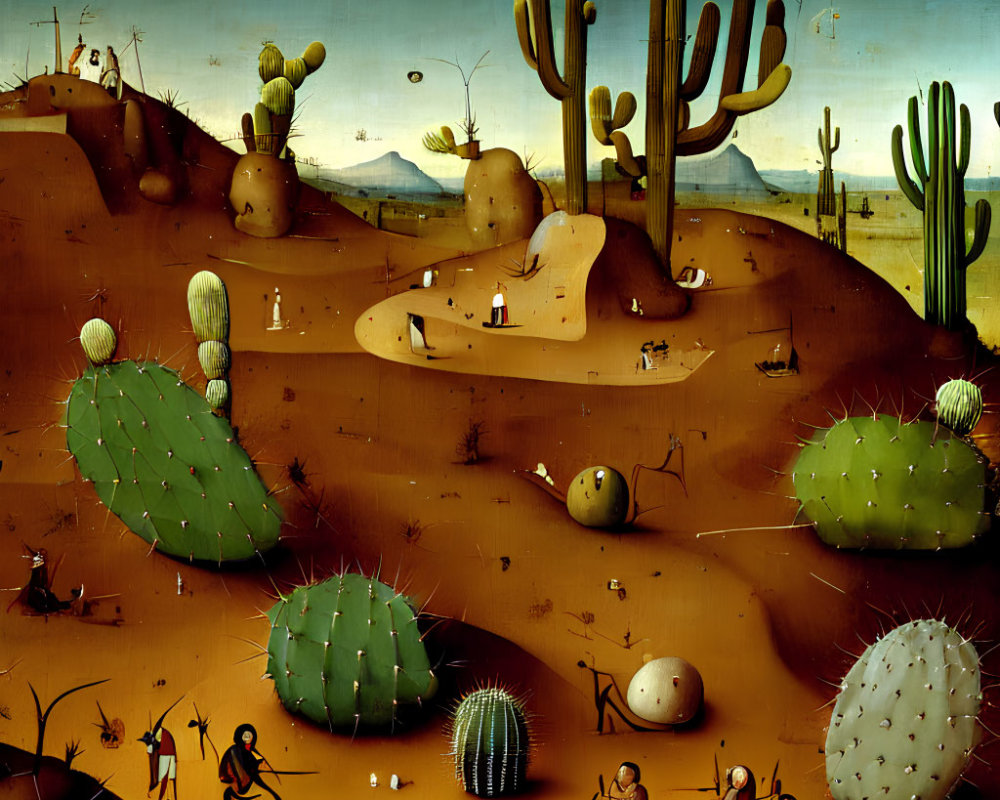 Surreal desert landscape with cacti and anthropomorphic figures under golden sky