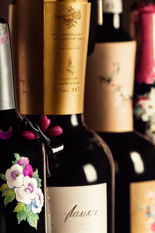 Various Wine Bottles Featuring Floral Patterns on Labels