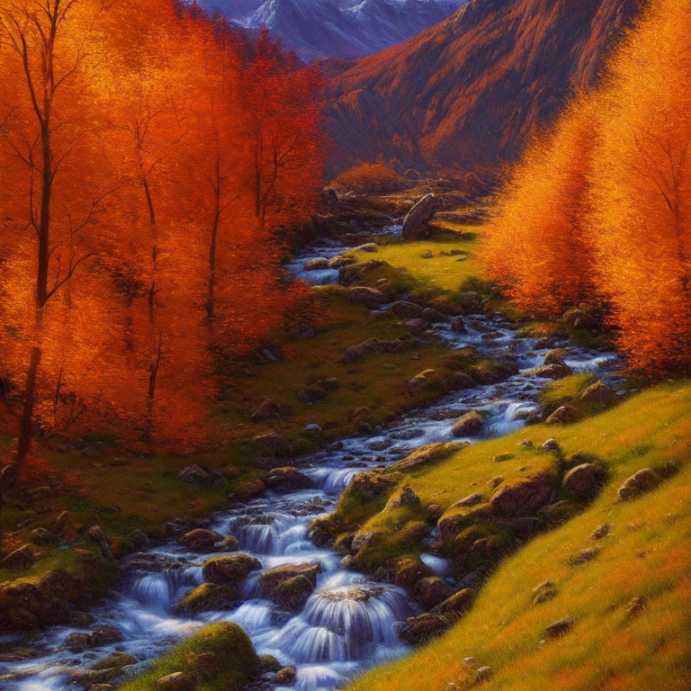 Scenic autumn landscape with stream and colorful trees