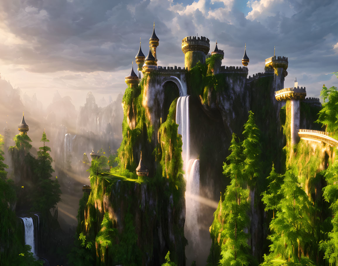 Majestic castle on steep cliffs with waterfalls and lush greenery