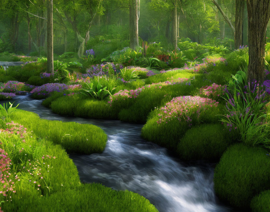 Tranquil forest stream in lush greenery with wildflowers
