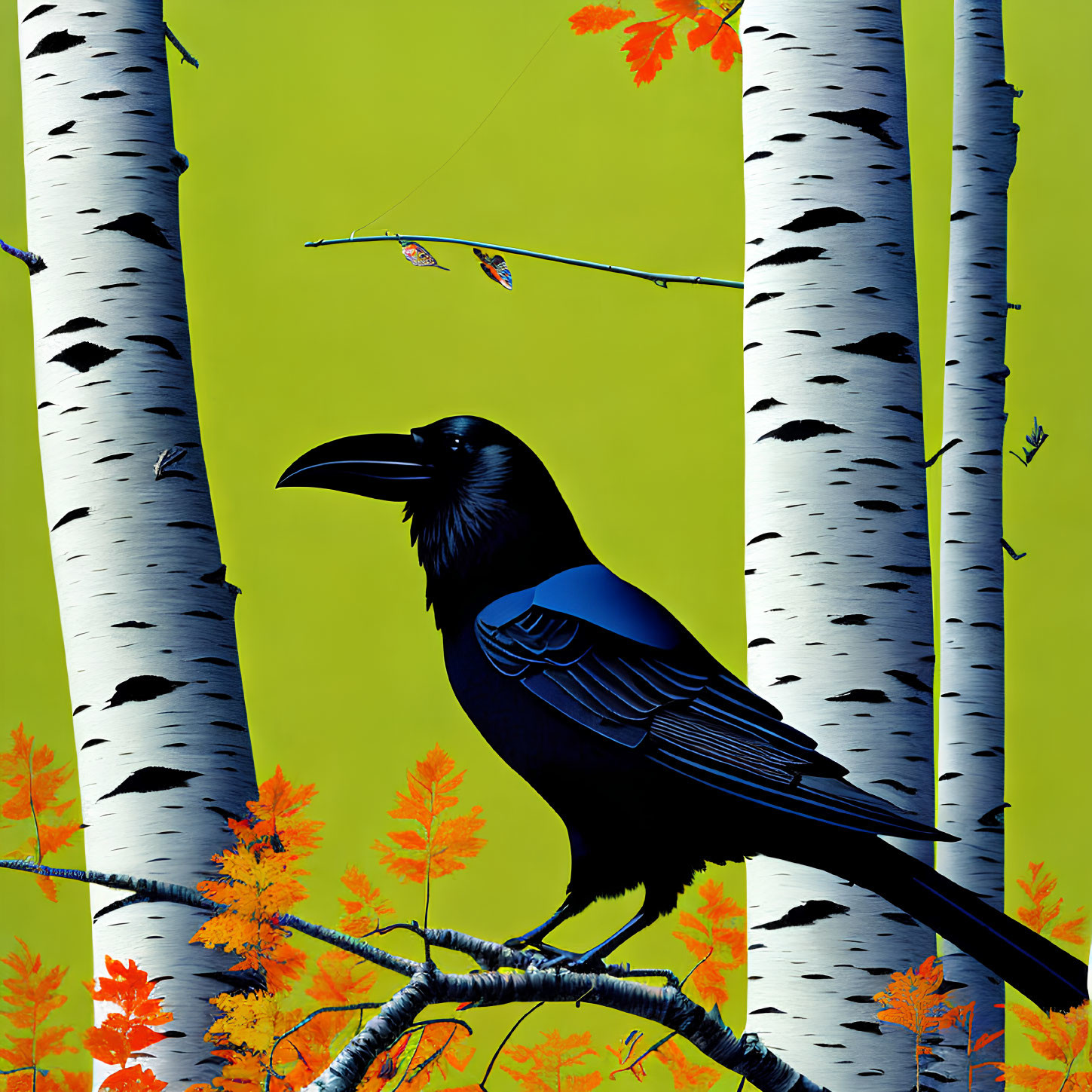 Detailed illustration of black raven on birch branch with orange leaves