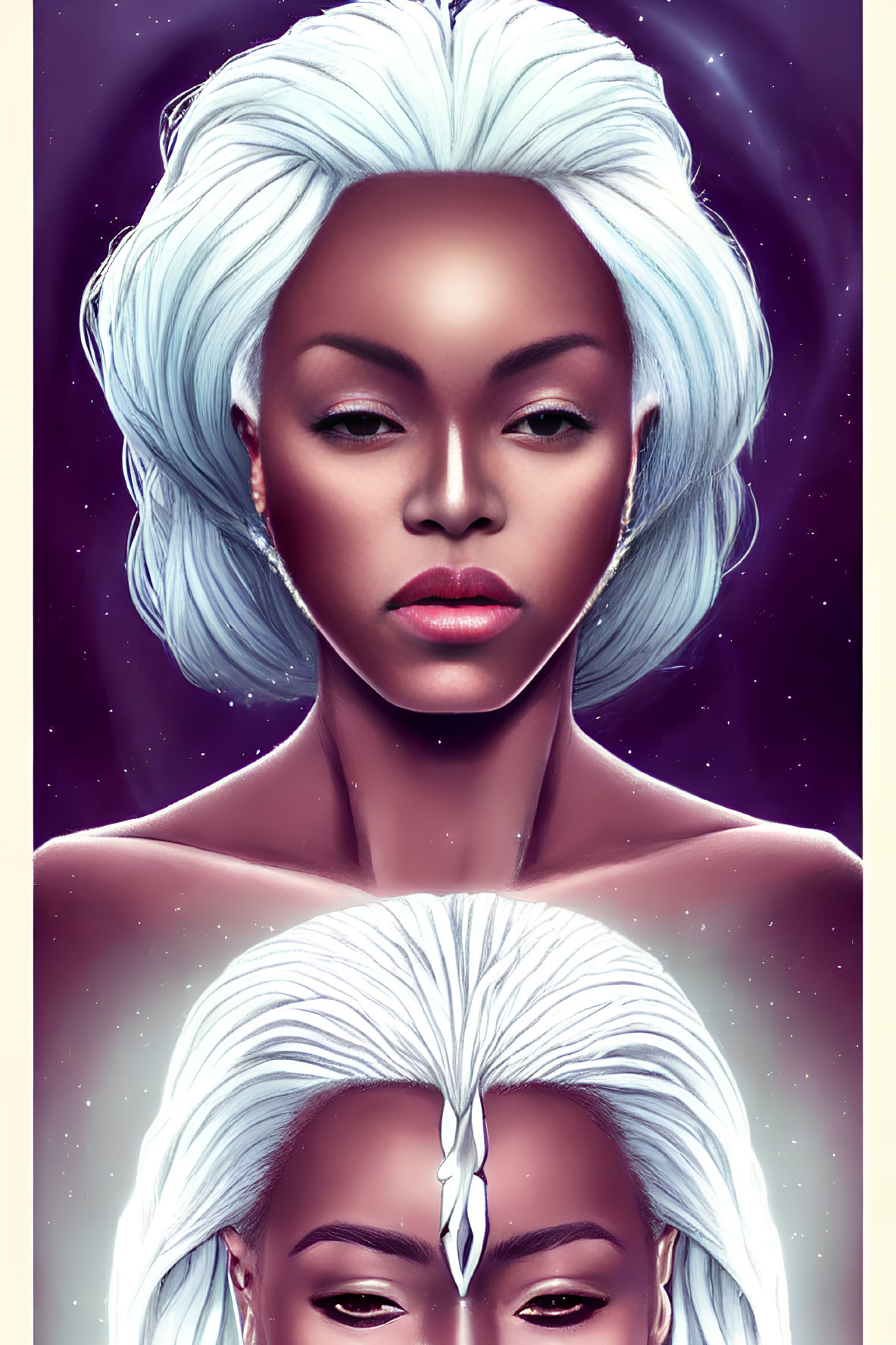 Woman with White Hair in Cosmic Background: Striking and Otherworldly Beauty