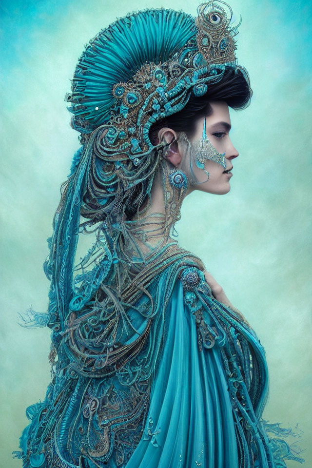 Elaborate teal fantasy costume with intricate headdress and jewelry