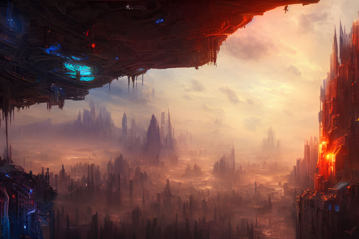 Futuristic cityscape with towering spires and glowing lights