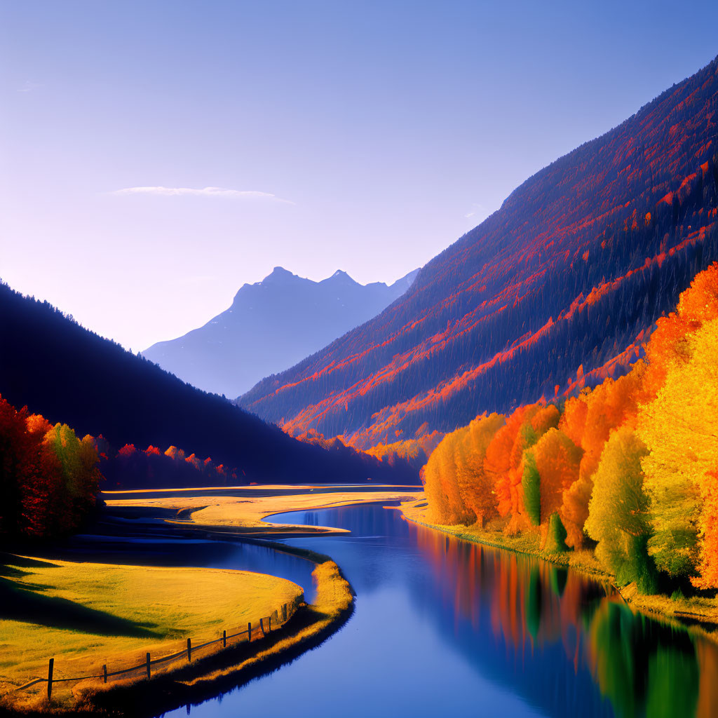 Tranquil river in vibrant autumn landscape with orange and yellow trees