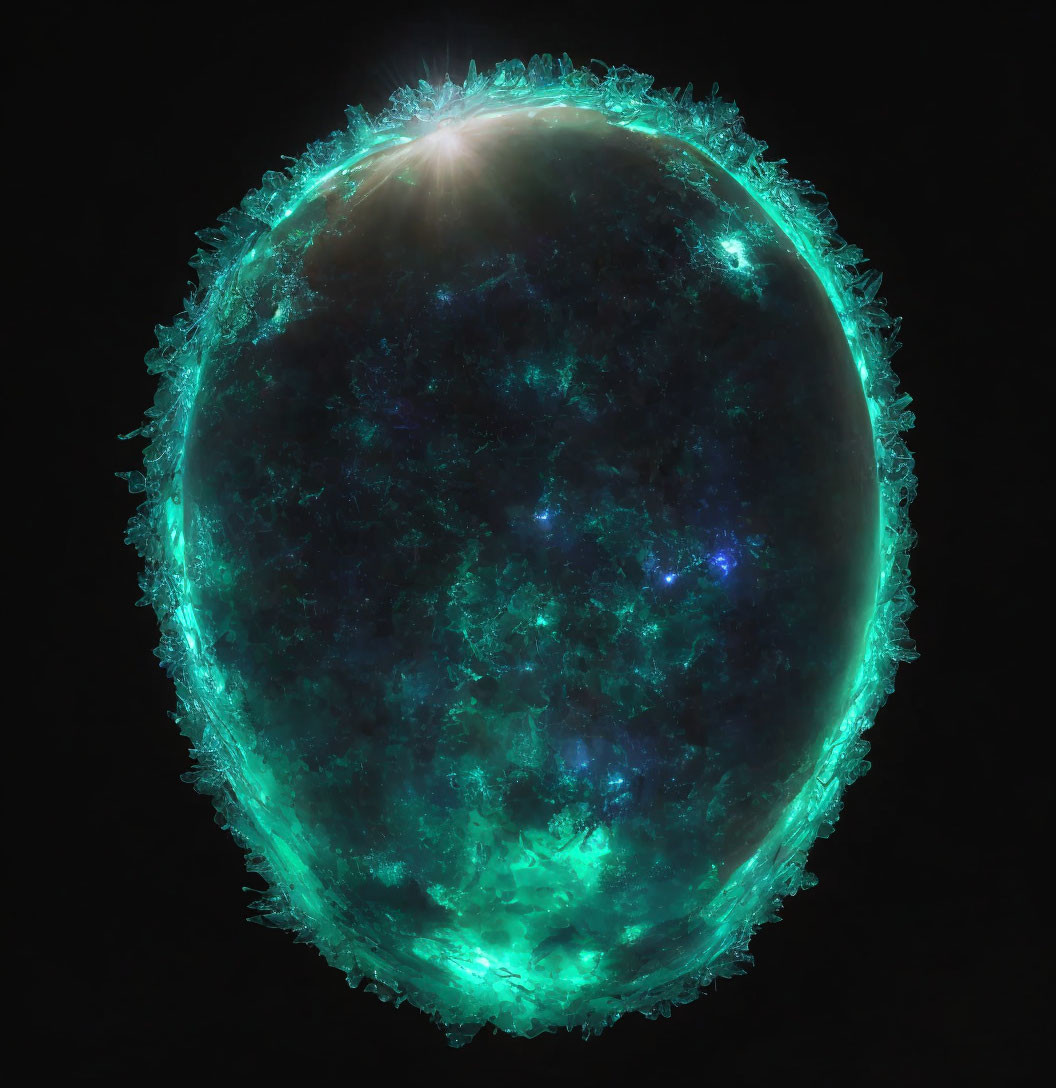 Colorful Egg-shaped Celestial Body with Turquoise Energy Spikes