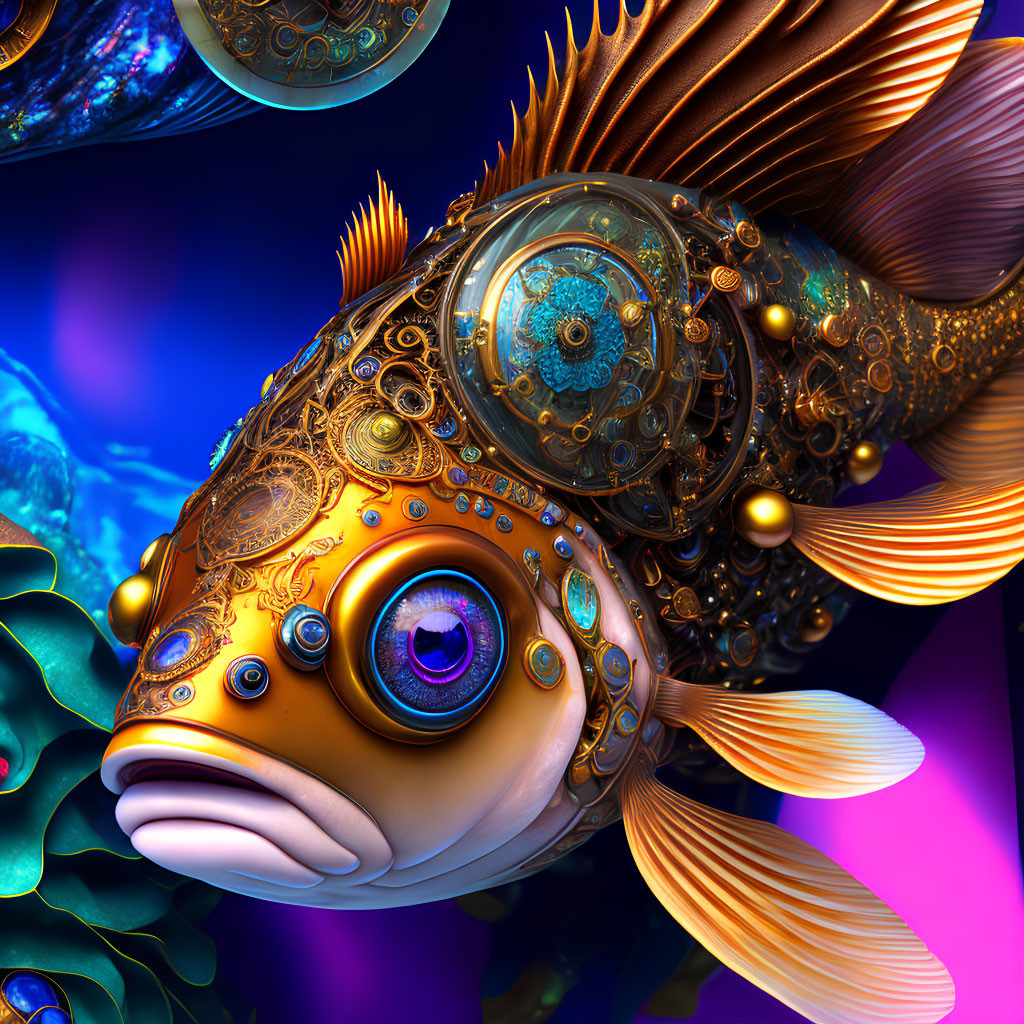 Steampunk-style mechanized fish in cosmic digital artwork