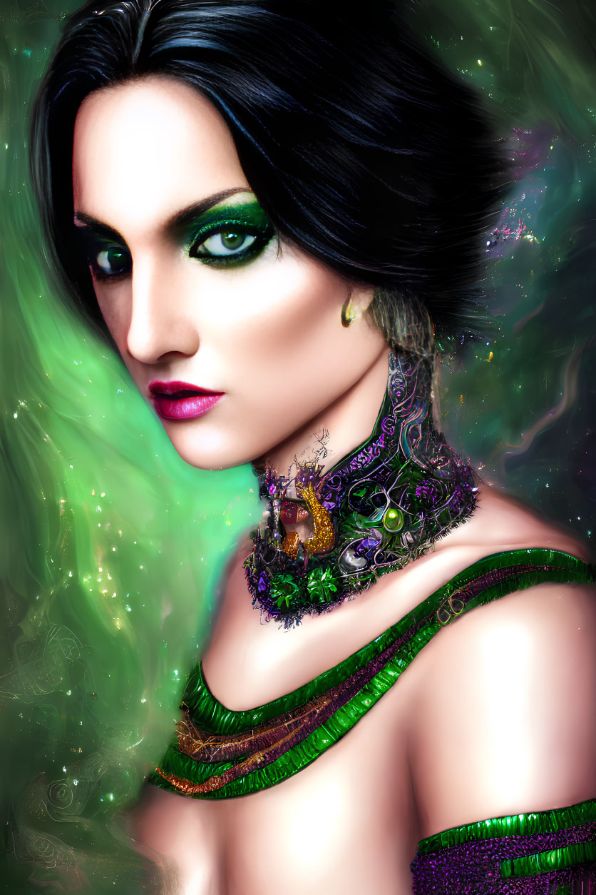Digital portrait of a woman with green eyes and jewel-encrusted neckpiece against cosmic background