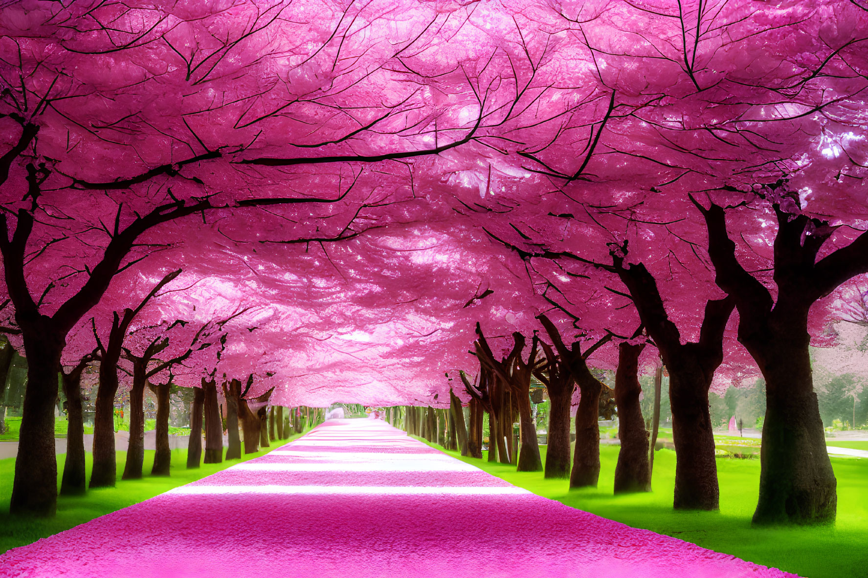Pink Cherry Blossom Trees Create Vibrant Canopy Over Path