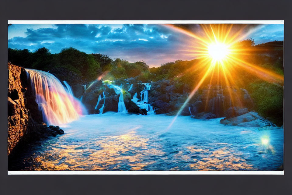Vibrant sunset over cascading waterfall with colorful reflections on rocky terrain