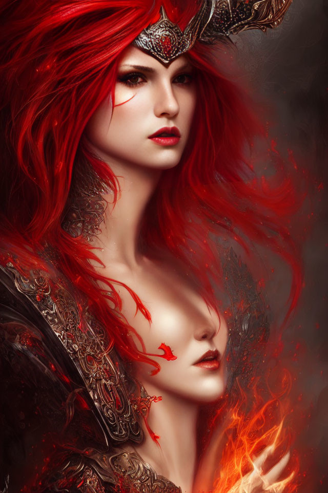 Fantasy digital artwork: Red-haired figure with ornate headdress and mystical flame