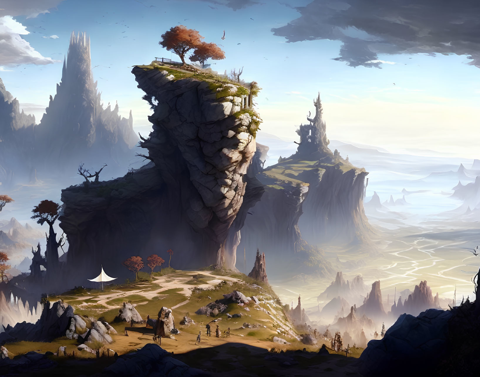 Majestic fantasy landscape with towering rock formations and a tent.