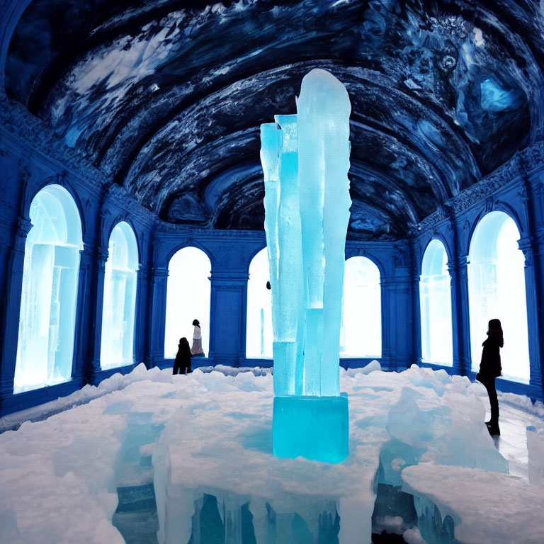 Ethereal blue ice hall with central sculpture and silhouettes