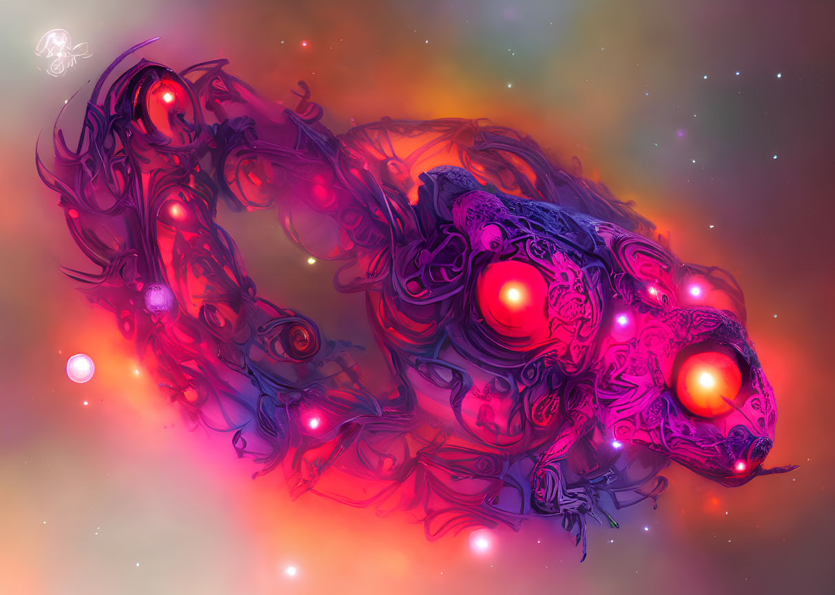 Colorful digital artwork of a mechanical dragon in cosmic nebula.