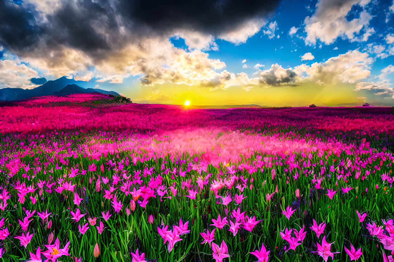 Vibrant pink flowers field at sunset with mountains and dramatic sky