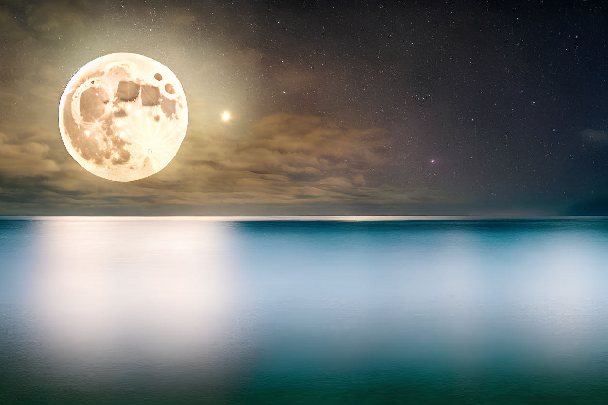 Night Seascape with Luminous Full Moon and Starry Sky