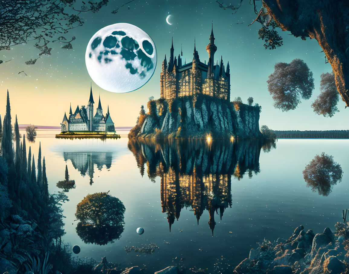 Surreal landscape with castle on island and mirror image scenery
