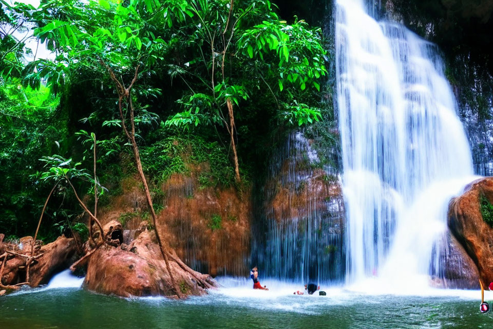 Lush Green Forest Waterfall with Swimmers