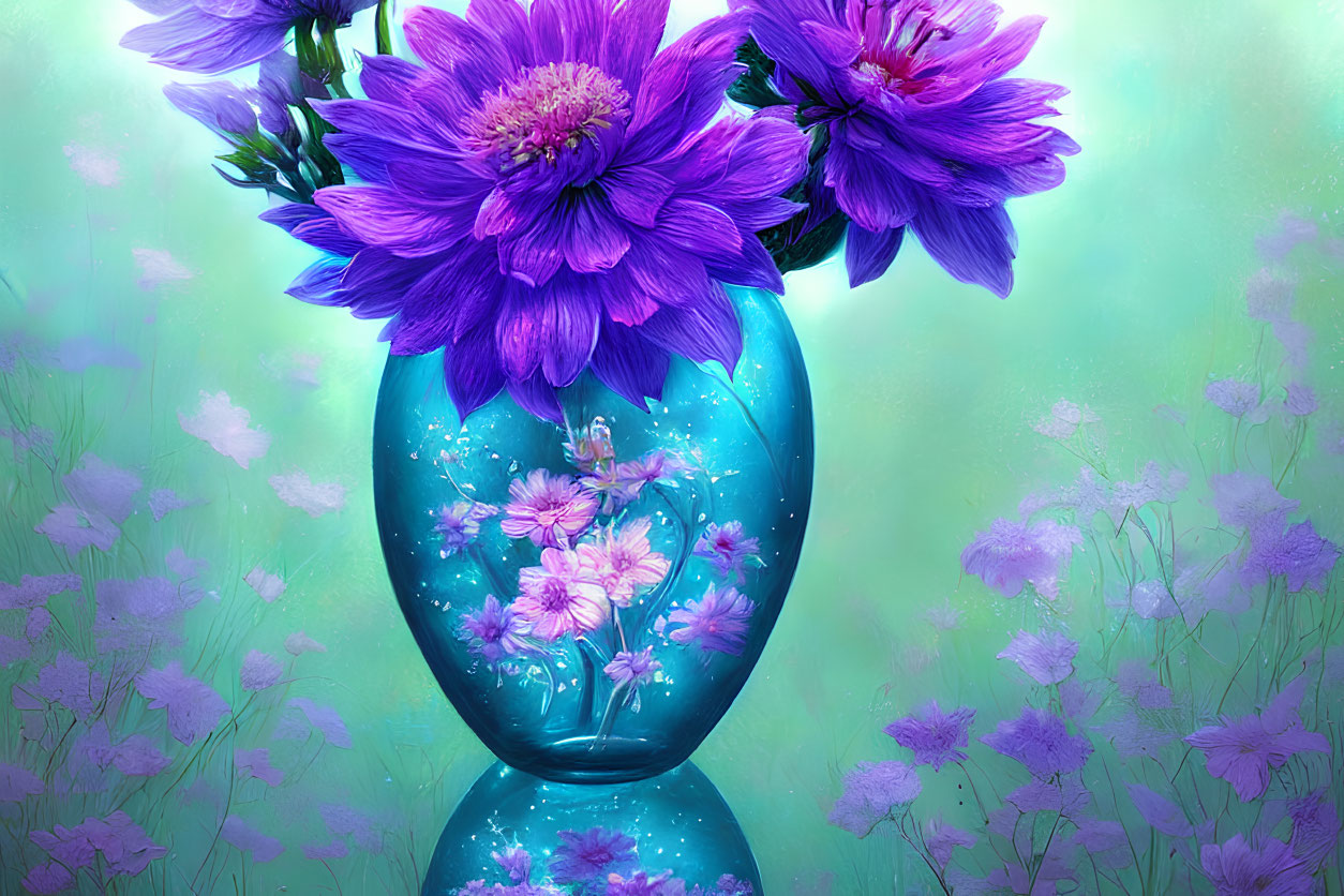 Purple Flowers in Translucent Blue Vase on Green Field