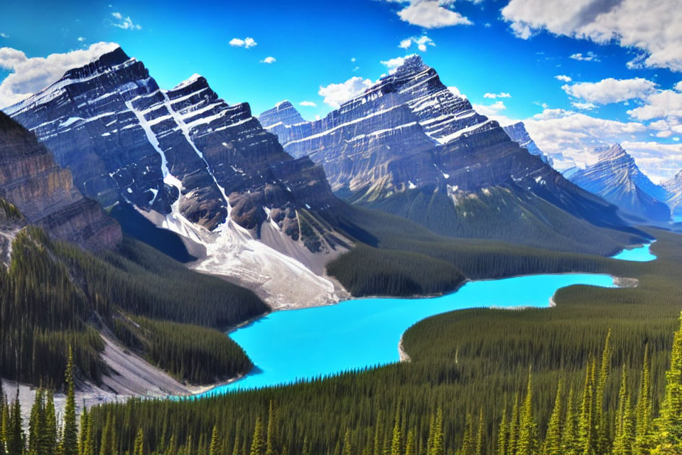 Turquoise Lake Surrounded by Layered Peaks and Green Forests