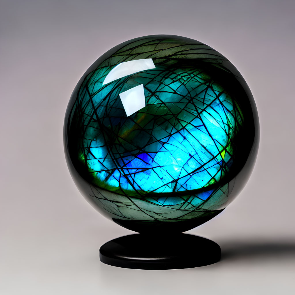 Vibrant Blue and Green Crystal Ball on Black Stand